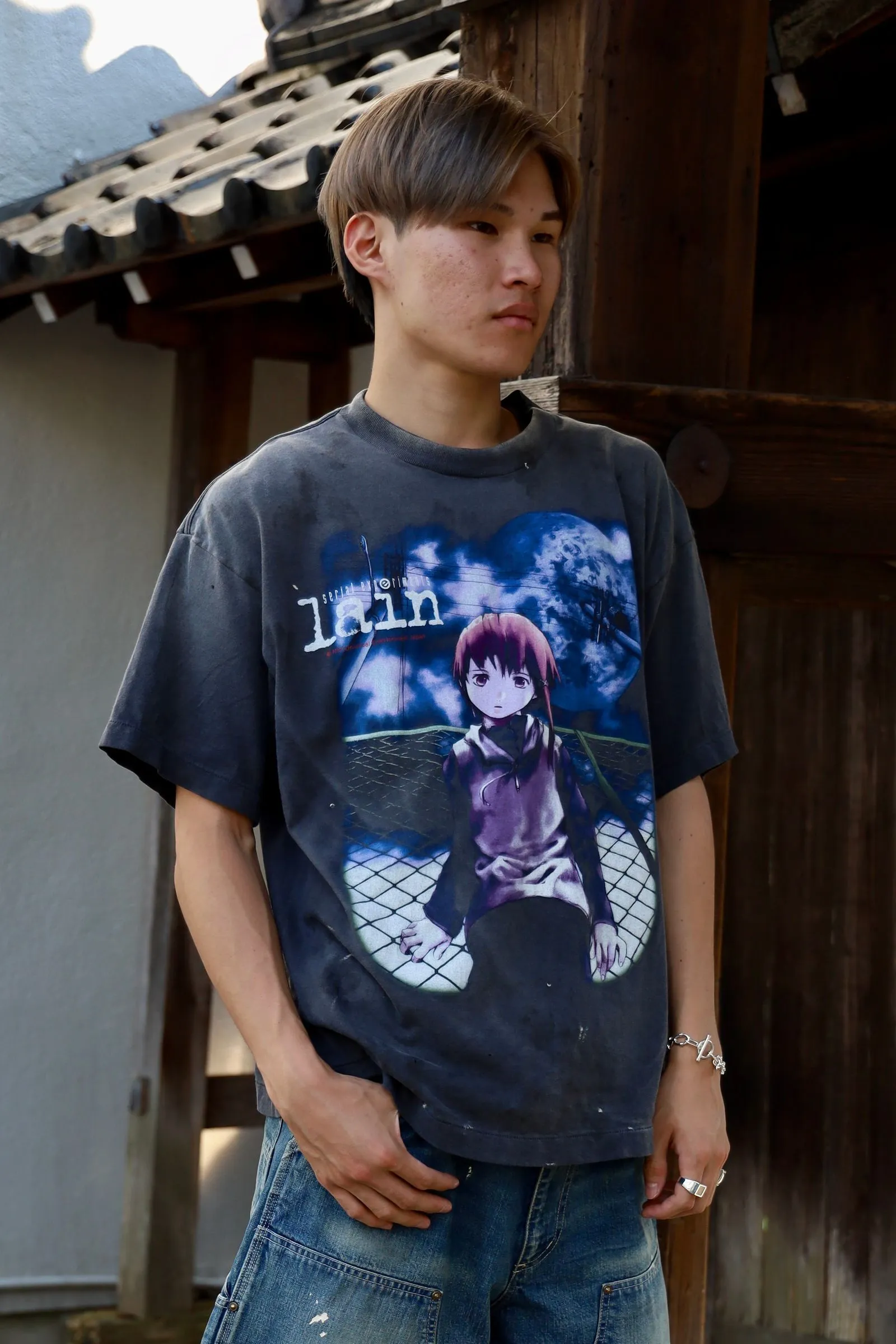SAINT Mxxxxxx × serial experiments lain × GEEKS RULE GS_SS TEE/LAIN/BLK Sci-fi anime <Lingyin> co-branded ringing tone distressed short-sleeves Washed black S-XL Super rich and delicate printing technology perfectly shows the authentic details Customized co-branded accessories The real correct version Ready-made clothes Assute dyeing Washed to make old Maliu water faded